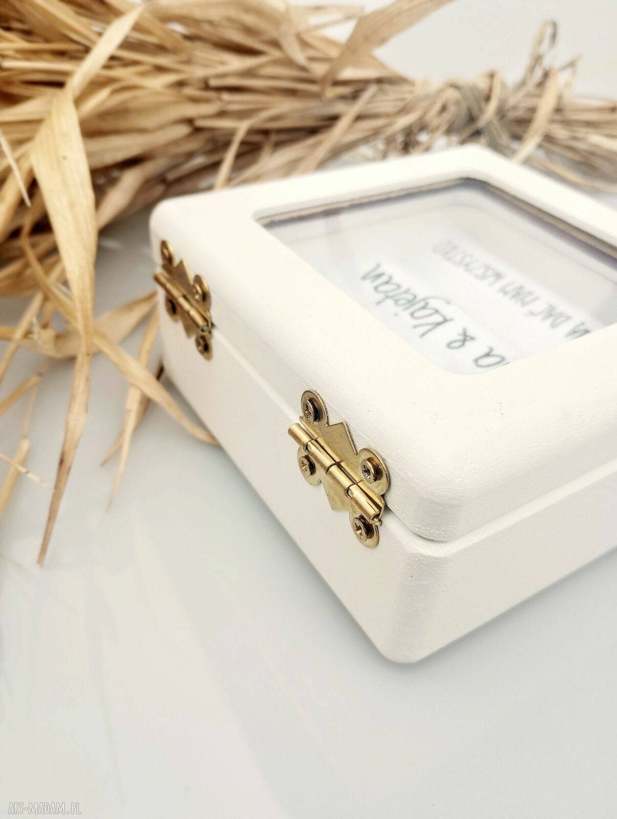 Personalizowane białe pudełko na obrączki z szybką - dębowe 10x10 cm