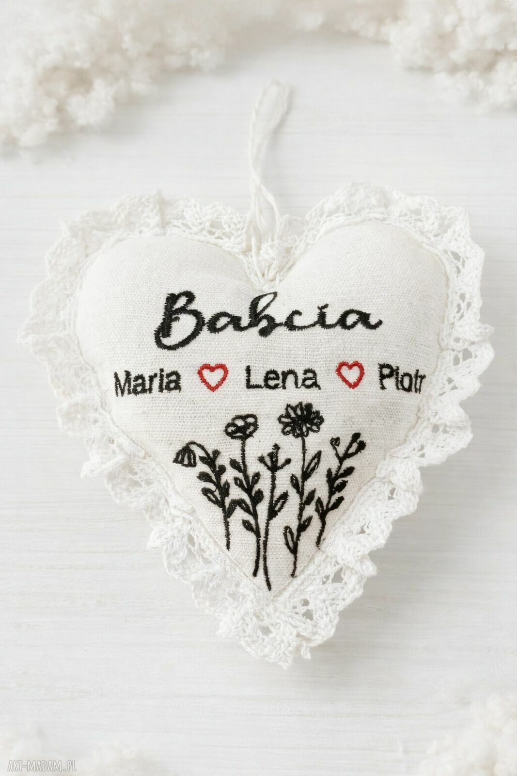 Lniane serce dla Babci z imionami wnuków - personalizowana dekoracja
