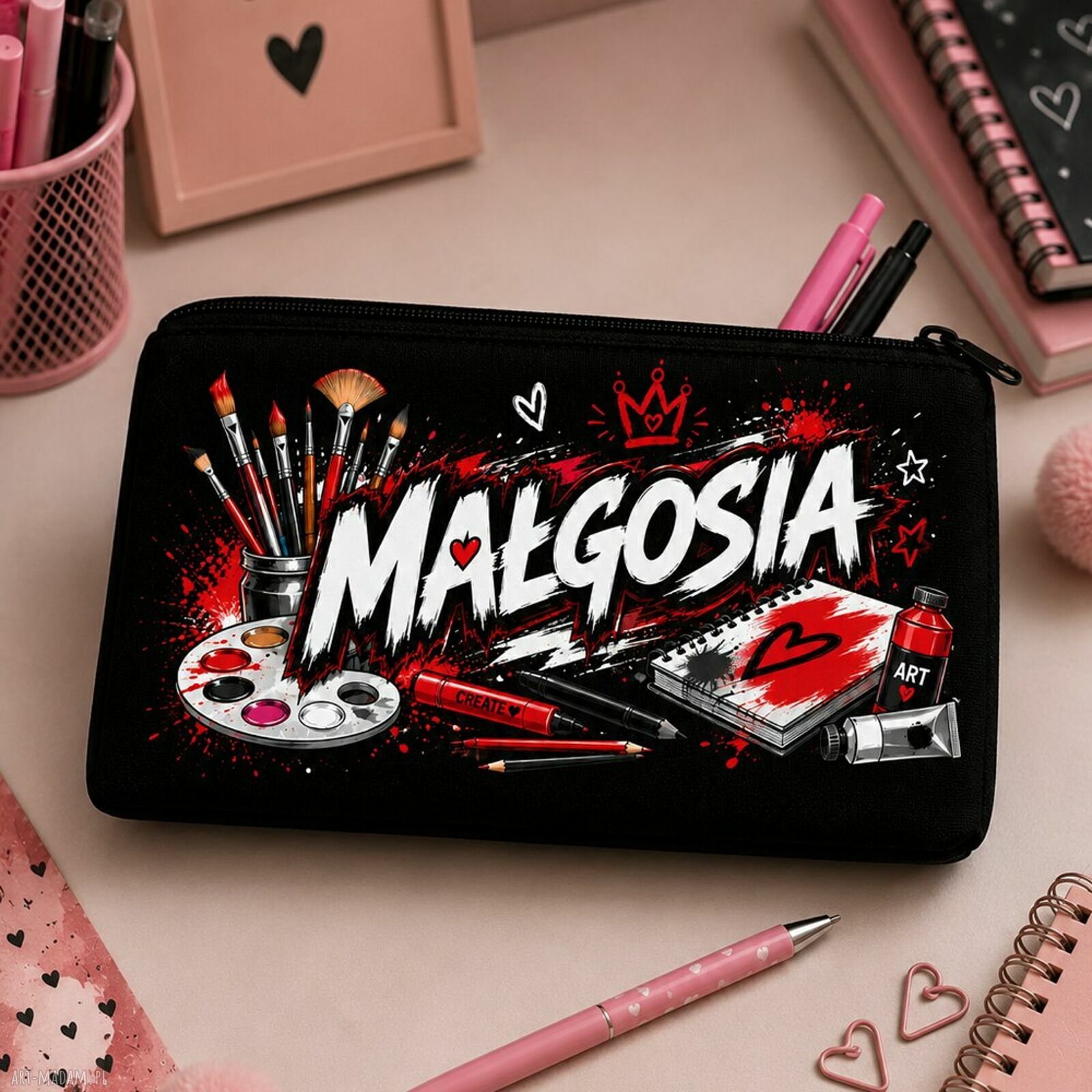 Personalizowany piórnik dla dziewczynki z imieniem - saszetka szkolna Hobby i pasje