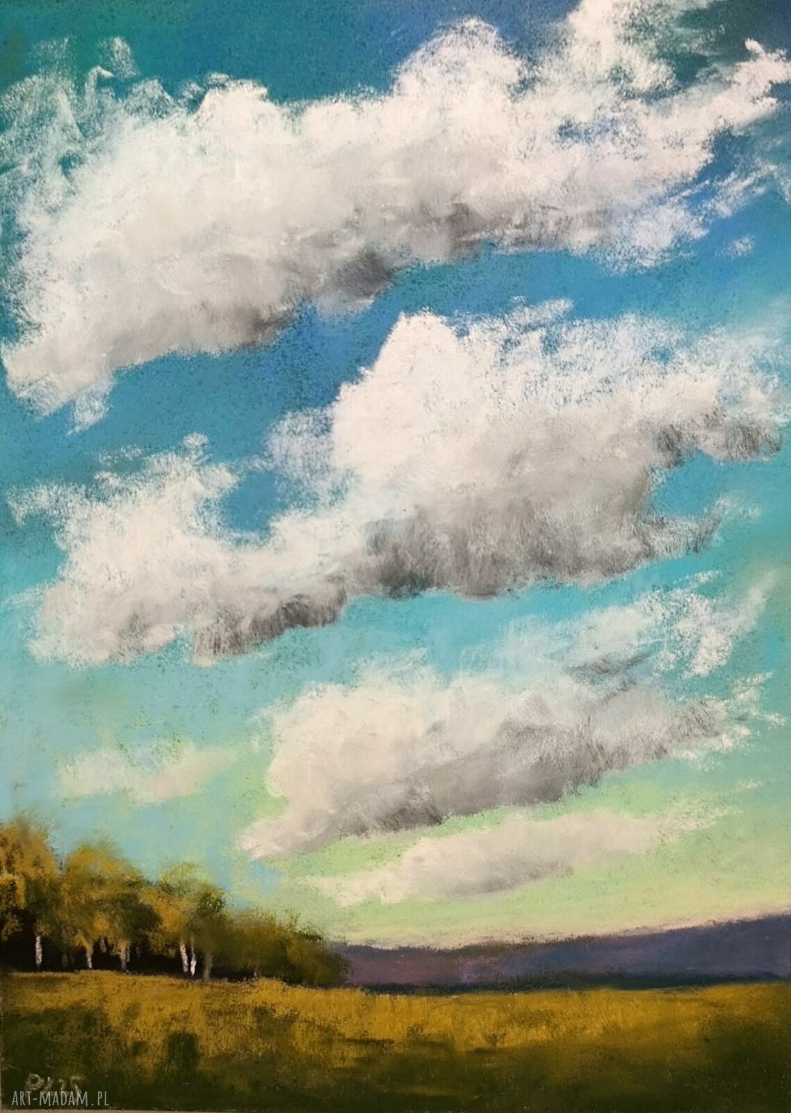 Niebieski pejzaż z pasteli suchych - obraz 24x18 cm