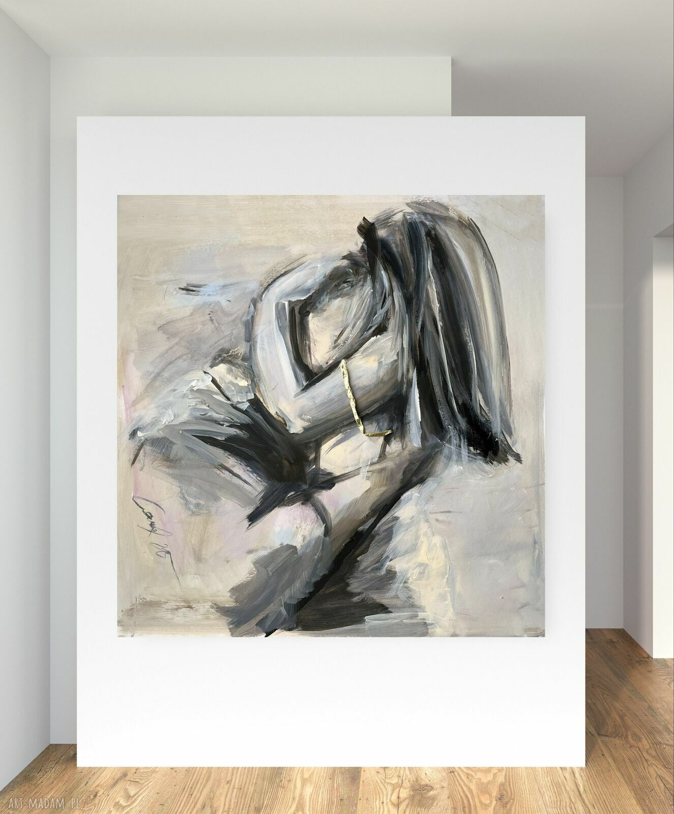 „Piękna” 100x100 cm - obraz na płótnie z pastelową kobiecą kompozycją i złotym detalem