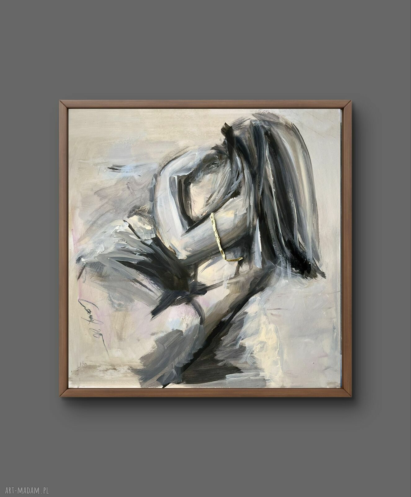 „Piękna” 100x100 cm - obraz na płótnie z pastelową kobiecą kompozycją i złotym detalem