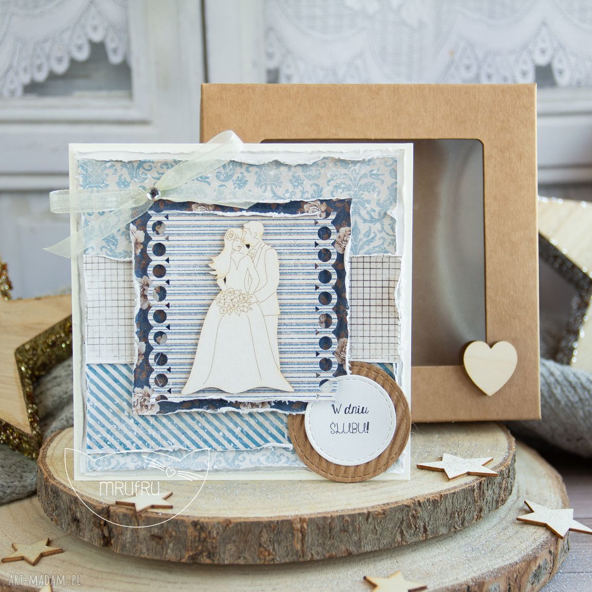 Piękna rustykalna kartka Ślubna pudełeczku niezwykły prezent