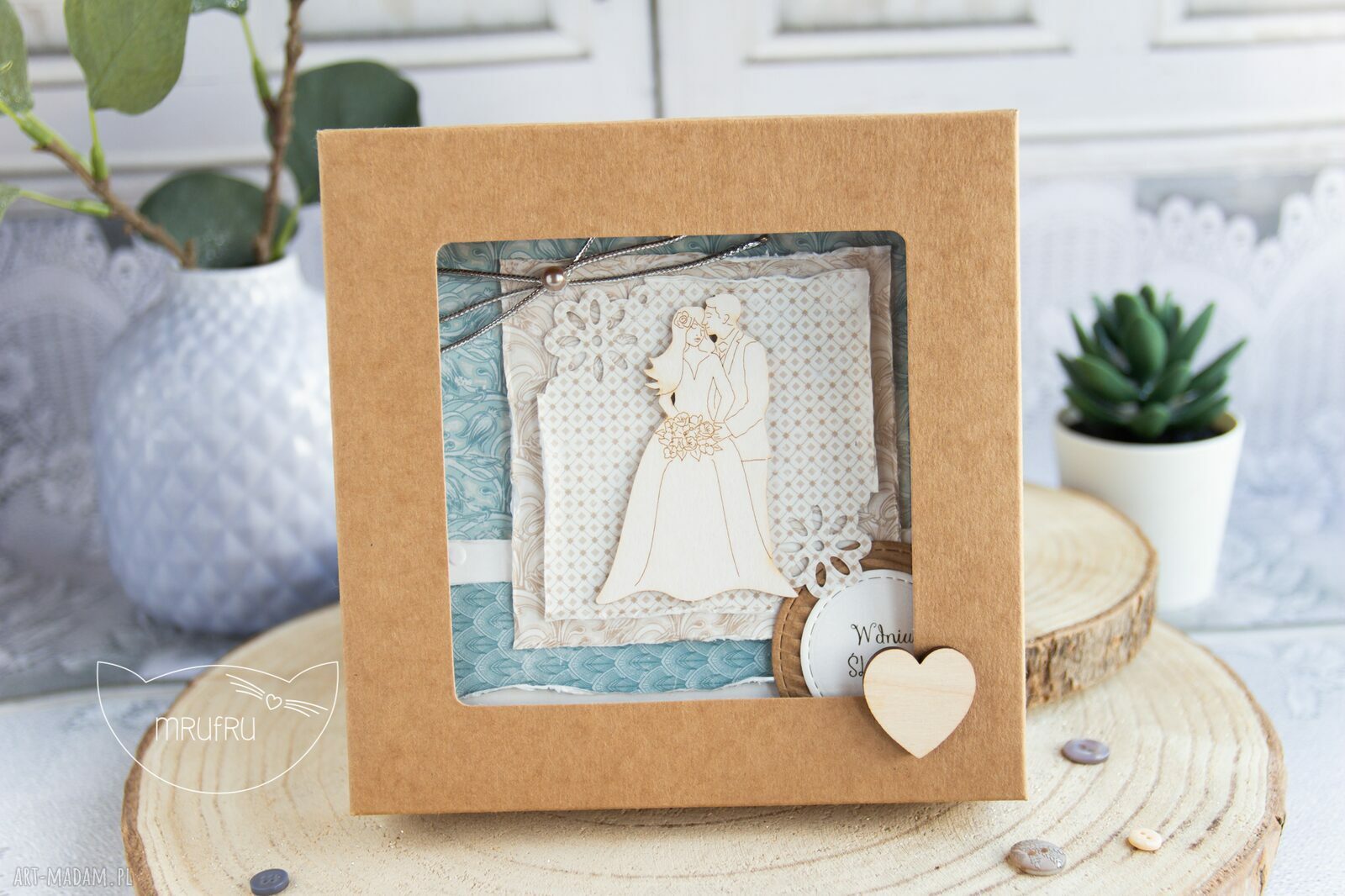 kartki: Piękna rustykalna KARTKA w pudełeczku. Prezent ślubny. hand made