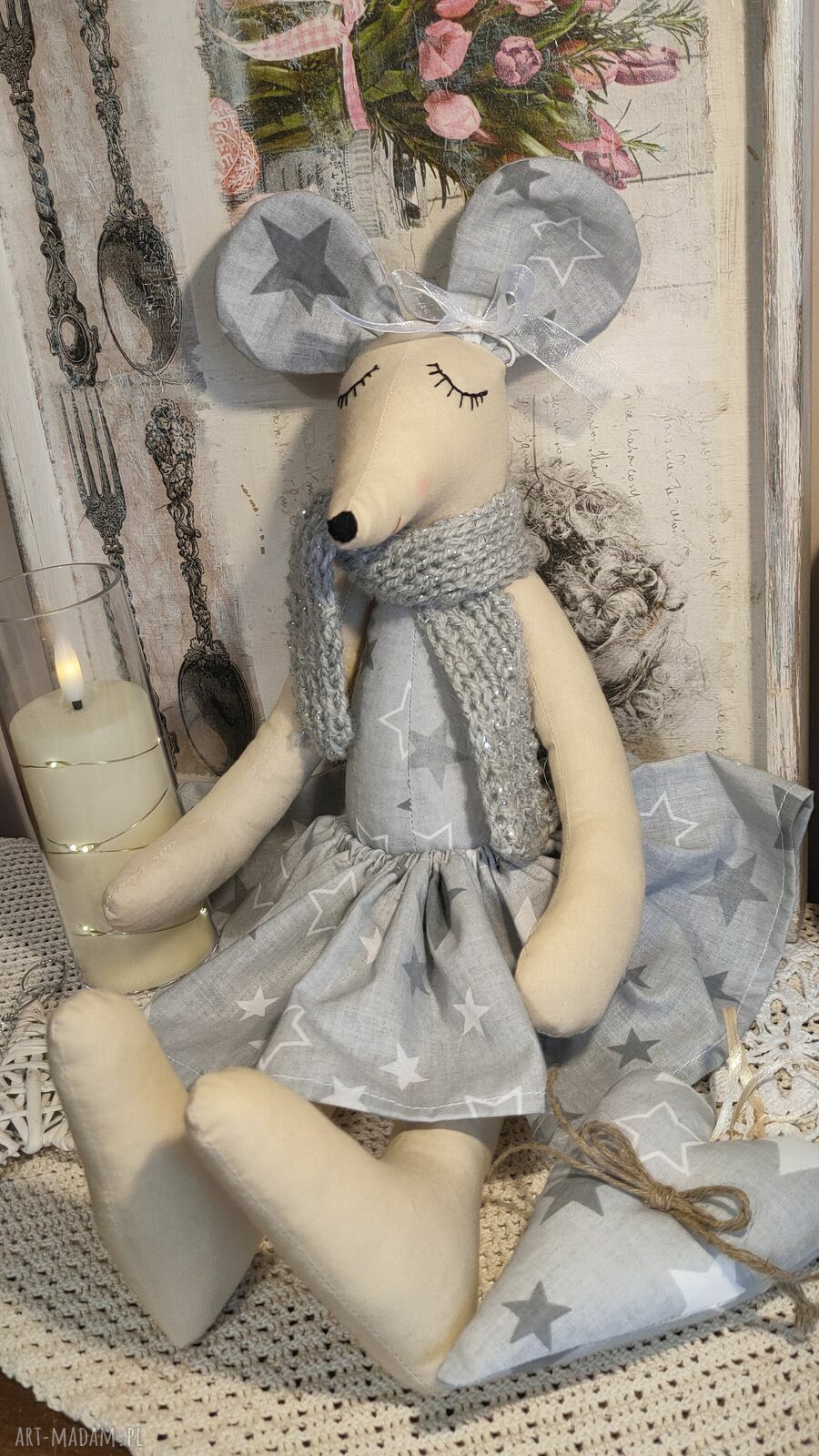 Piękna szara myszka Tilda - ręcznie szyta przytulanka 44 cm