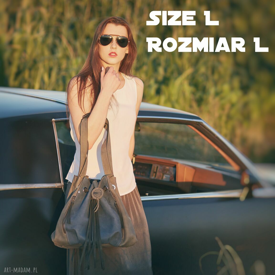 Szaro-granatowa skórzana torba na ramię Marlena - ręcznie robiona