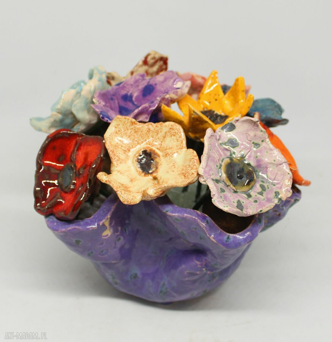 PIĘKNY KOMPLET Donica i KWIATY CERAMICZNE 10szt!! HANDMADE