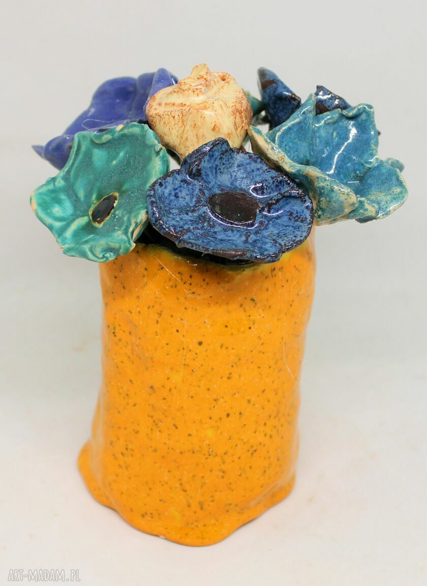 Piękny, wyjątkowy komplet kwiaty ceramiczne i wazon - rękodzieło Iguana Art