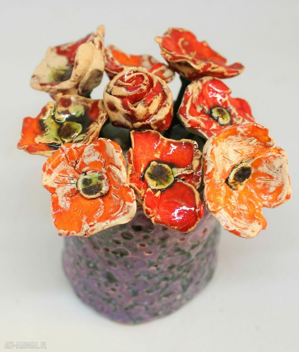Ceramiczne kwiaty na druciku z wazonem - zestaw handmade na prezent
