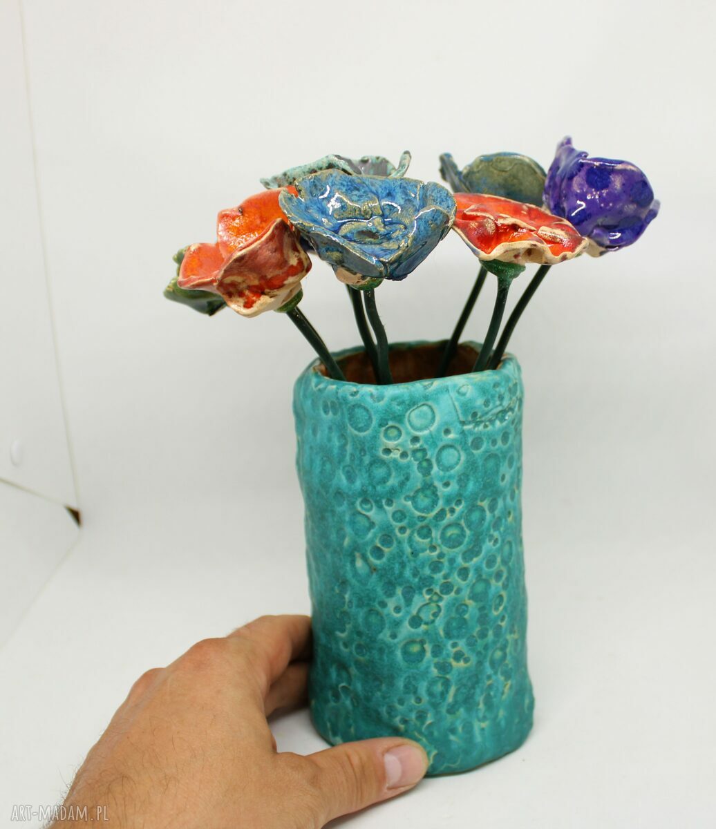 Komplet ceramicznych kwiatów na druciku z wazonem - handmade, 8 szt.