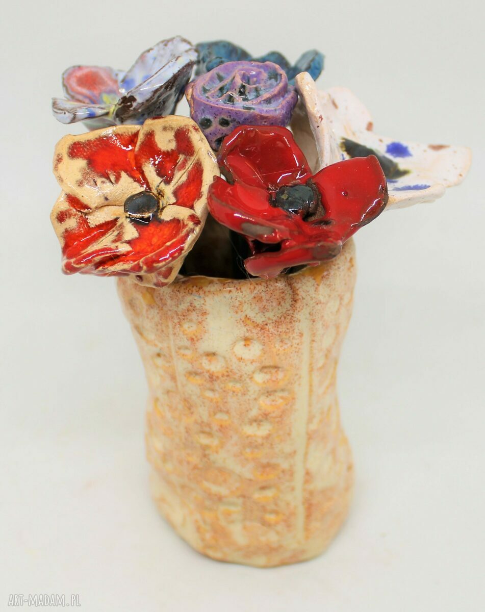 Komplet kwiatów ceramicznych z wazonem - szamotowe handmade
