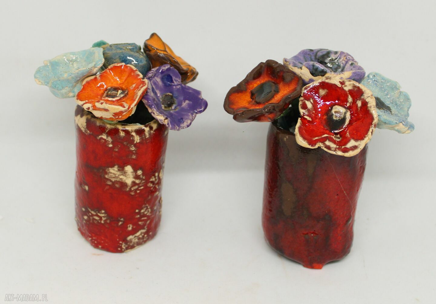 Piękny wyjątkowy komplet kwiaty ceramiczne 6 szt. z wazonikiem - handmade