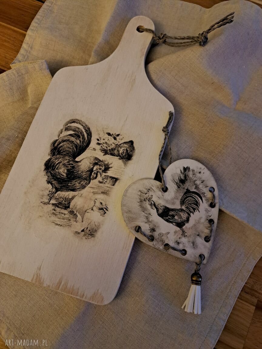 Rustykalny zestaw do kuchni kogucik i serce z decoupage