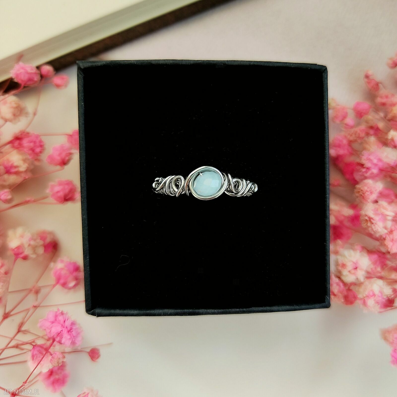 Pierścionek Akwamaryn regulowany ze stali chirurgicznej - wire wrapping