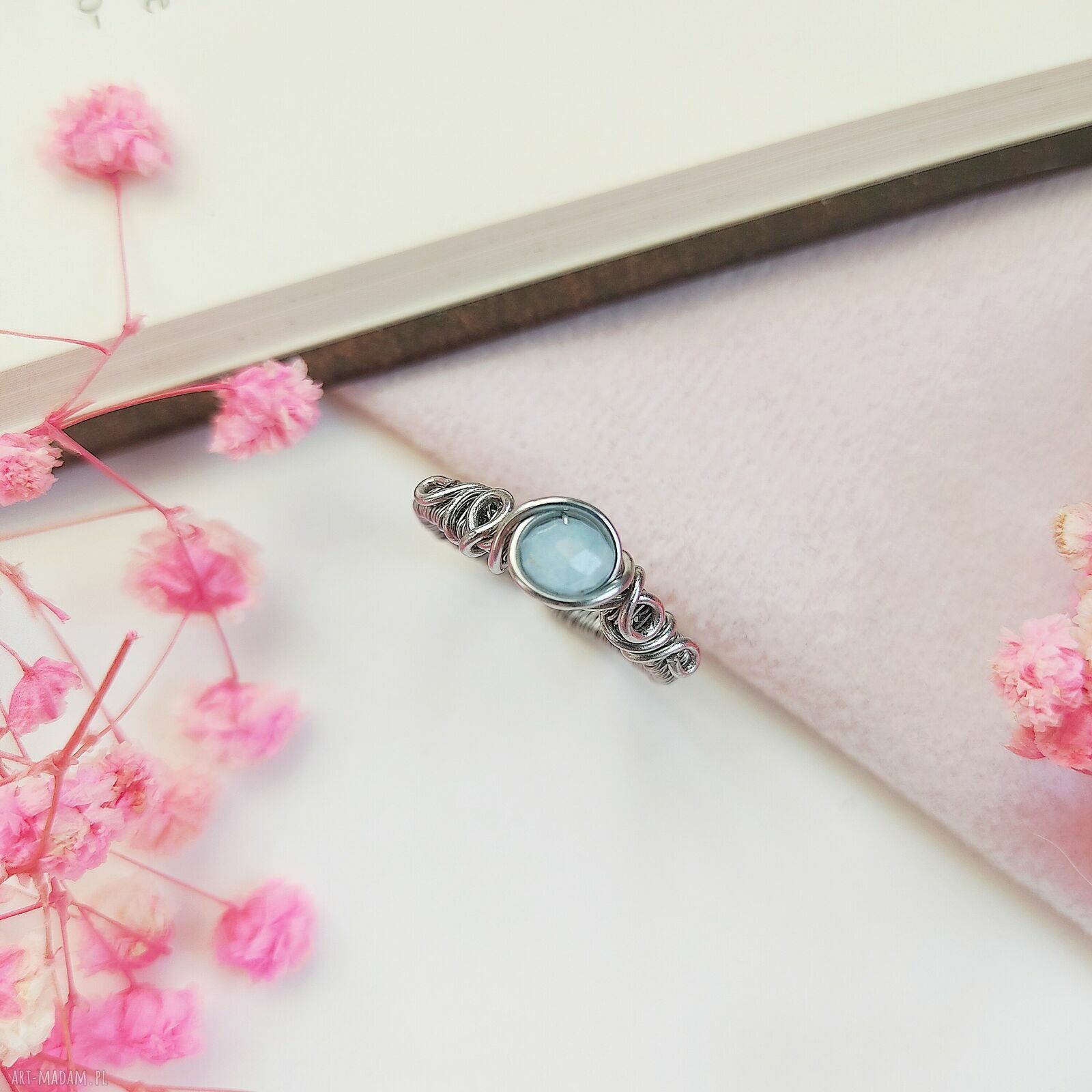 Pierścionek Akwamaryn regulowany ze stali chirurgicznej - wire wrapping
