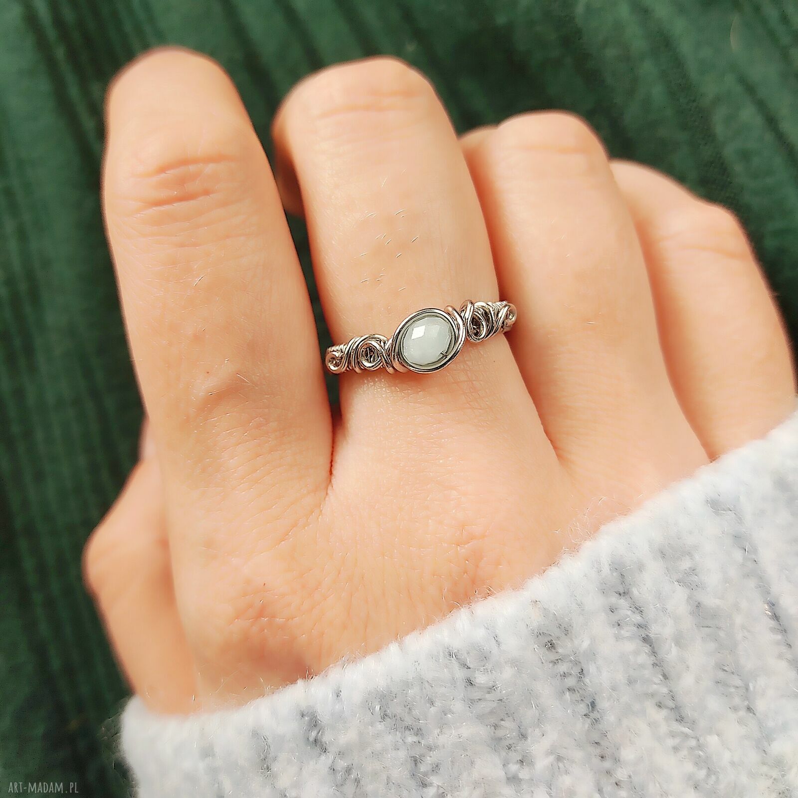 Pierścionek Akwamaryn regulowany ze stali chirurgicznej - wire wrapping