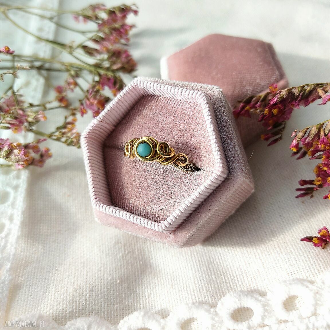 Pierścionek Amazonit z mosiądzu - regulowany handmade wire wrapping