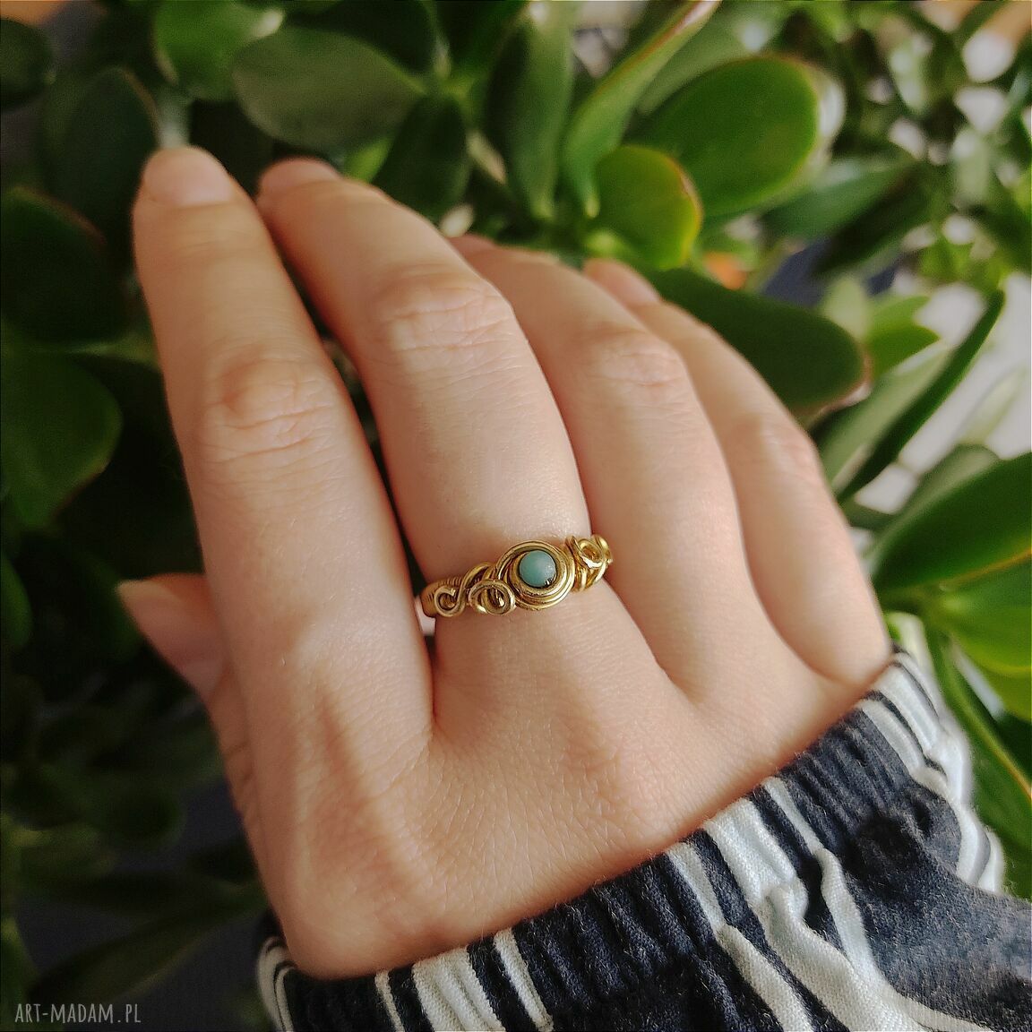 Pierścionek Amazonit z mosiądzu - regulowany handmade wire wrapping