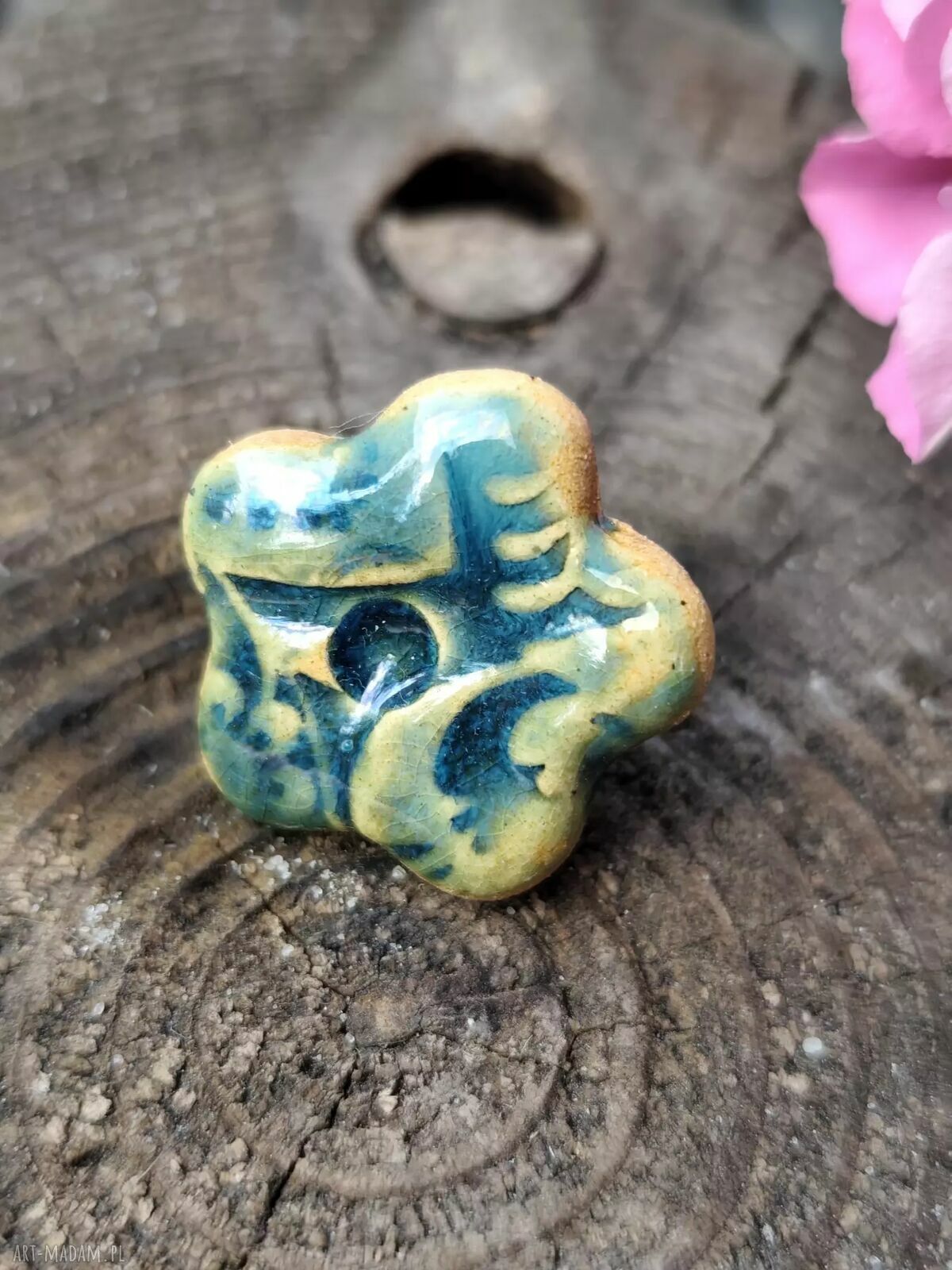 Ręcznie robiony pierścionek ceramiczny zielono-turkusowy