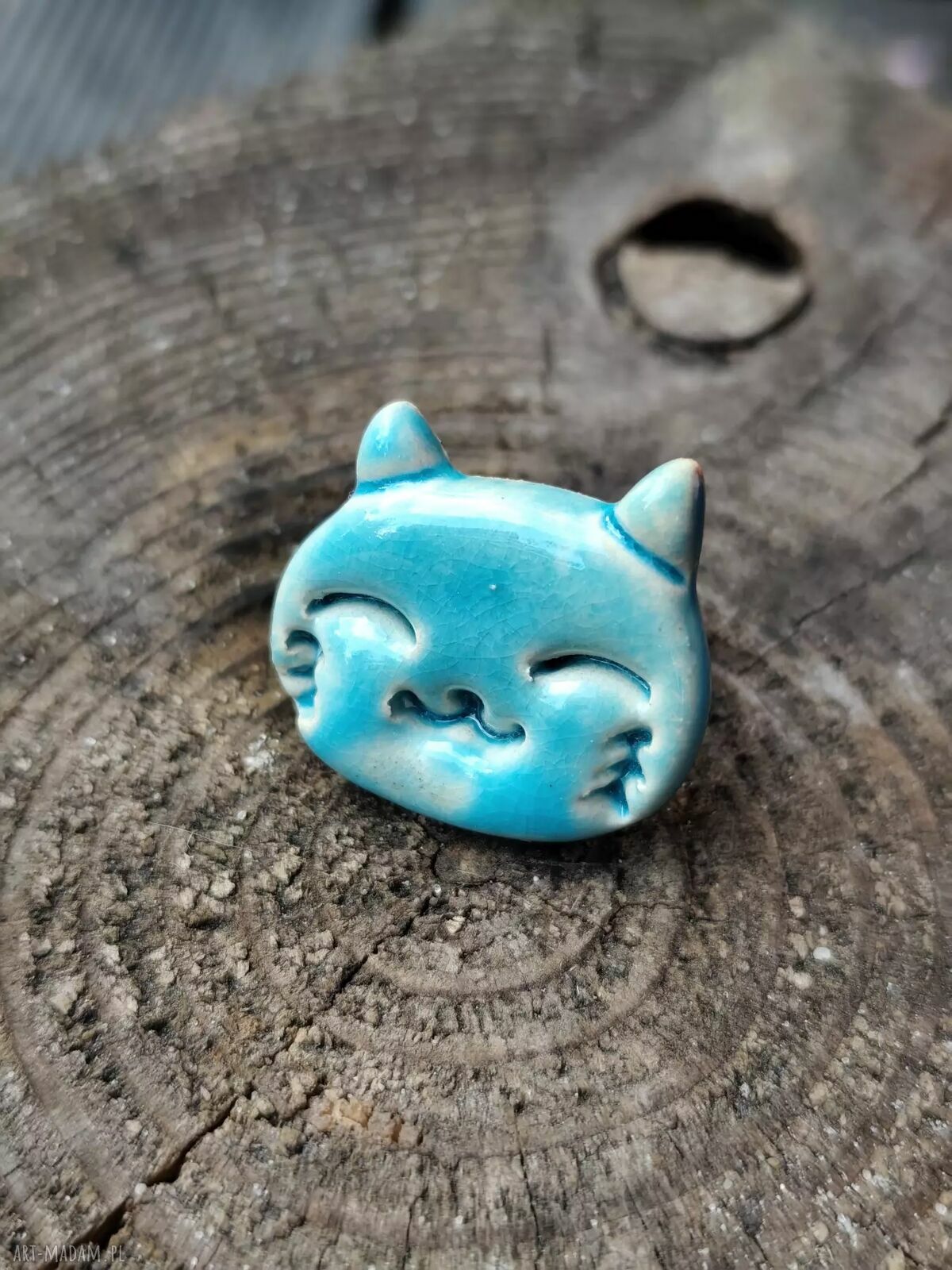 Turkusowy pierścionek ceramiczny z kotem