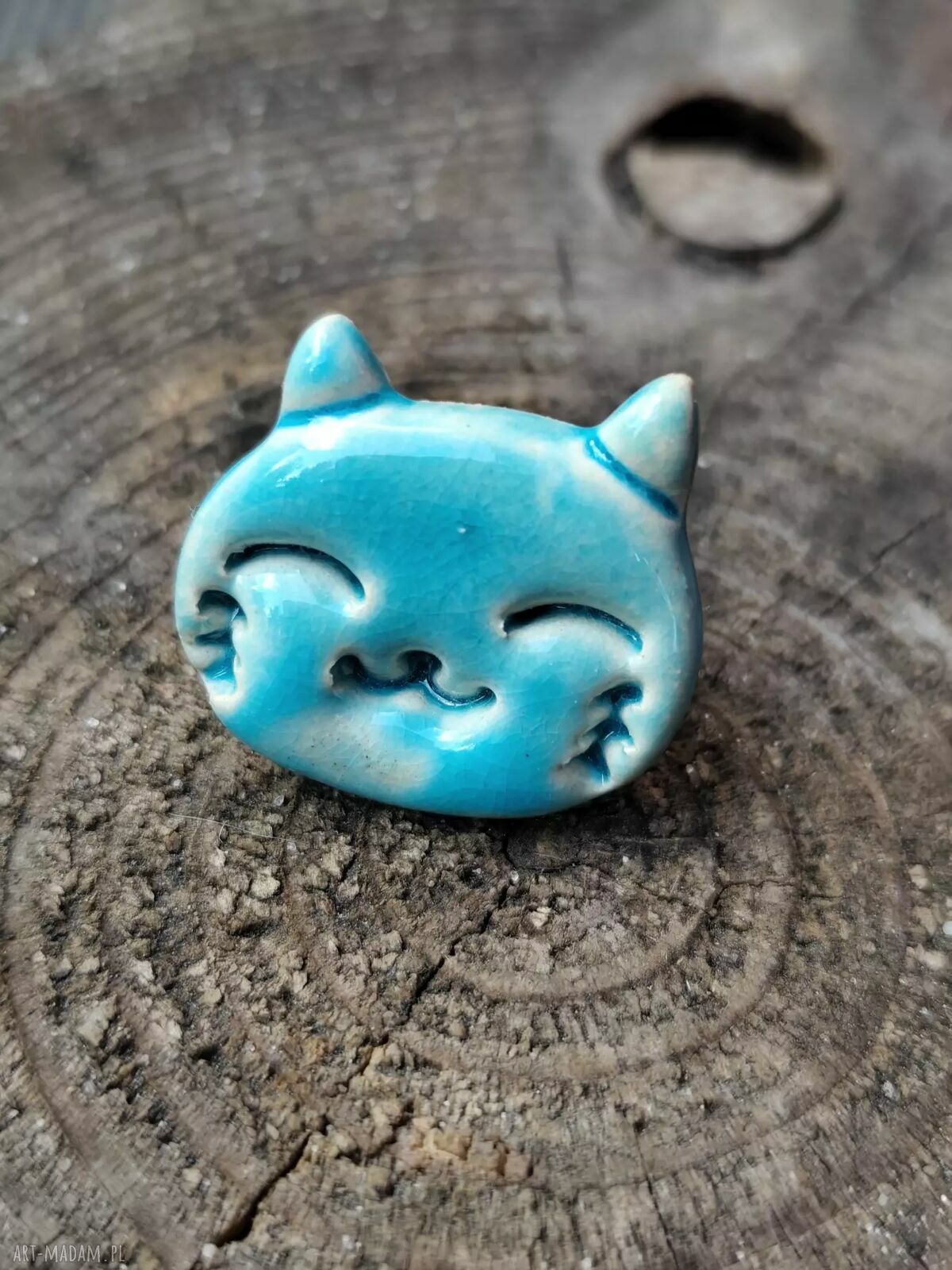 Turkusowy pierścionek ceramiczny z kotem