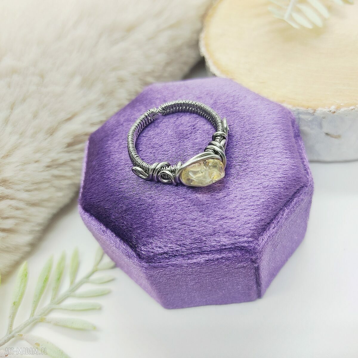 Pierścionek Cytryn regulowany ze stali chirurgicznej - wire wrapping