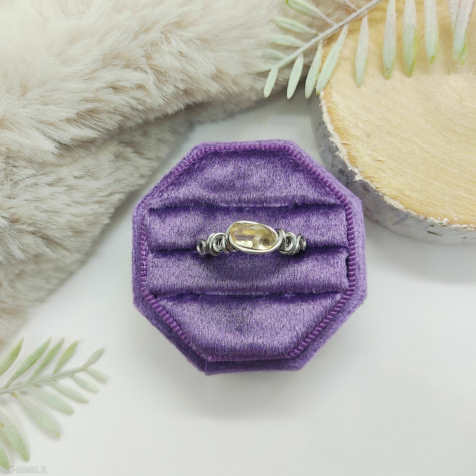 Pierścionek Cytryn regulowany ze stali chirurgicznej - wire wrapping