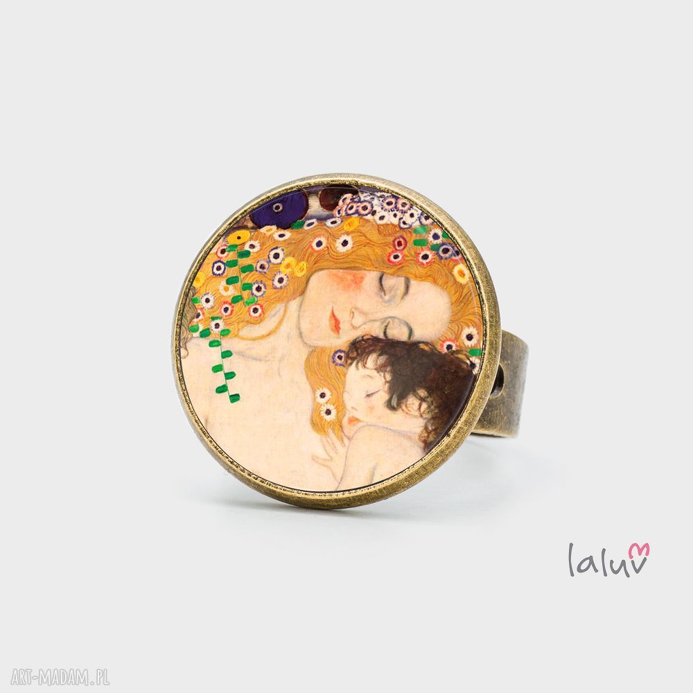Pierścionek KLIMT Matka z Dzieckiem - regulowany, ręcznie robiony z grafiką pod wypukłym szkłem