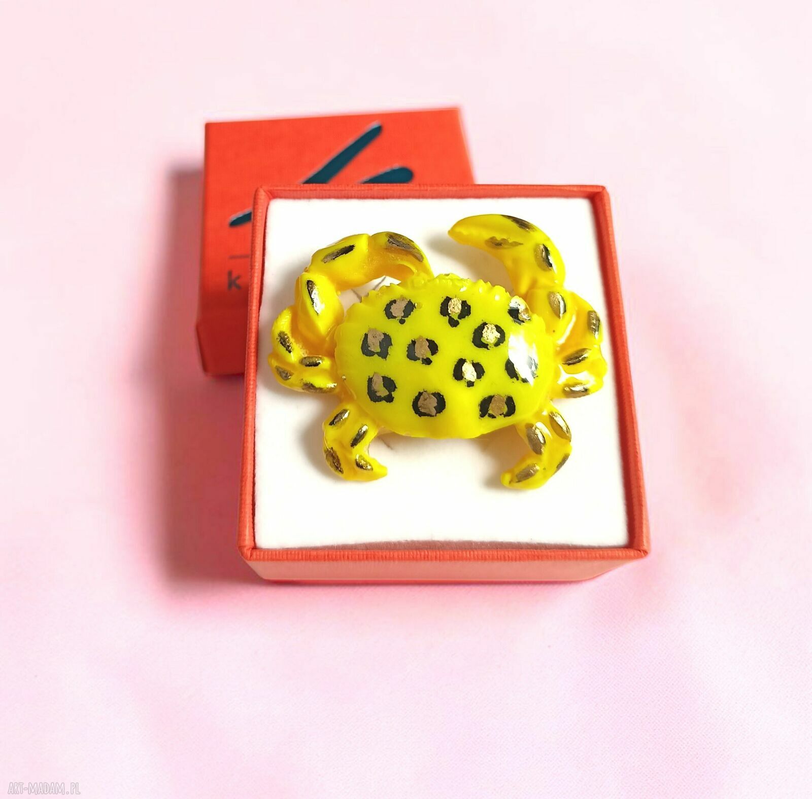Żółty pierścionek Krab z żywicy w panterkę - unikatowe rękodzieło Kaktusia
