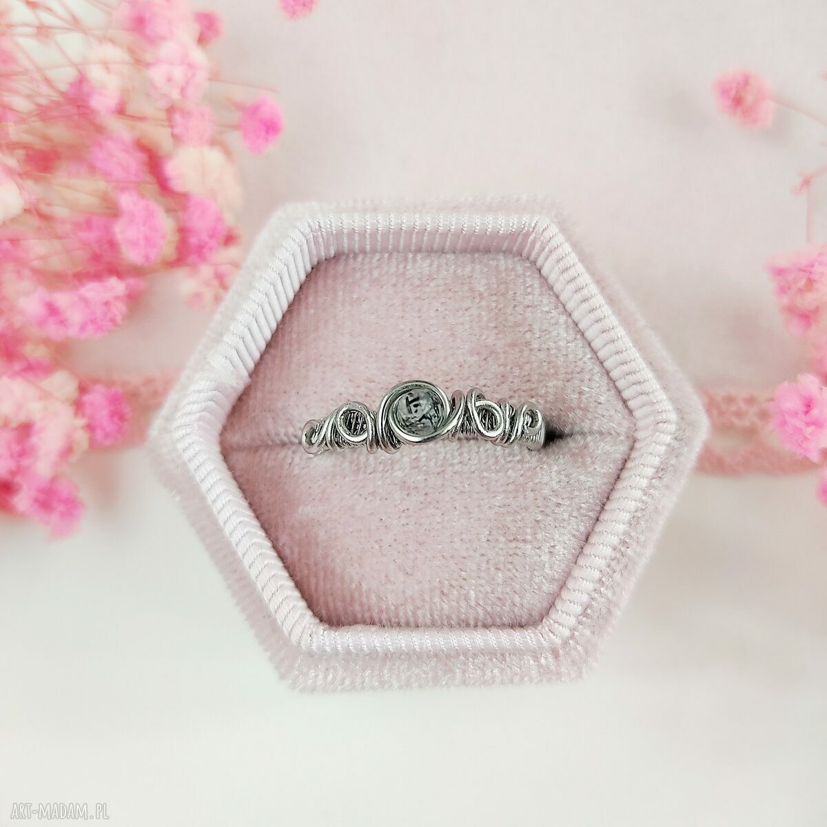 Pierścionek Kwarc Turmalinowy regulowany ze stali chirurgicznej - handmade wire wrapping