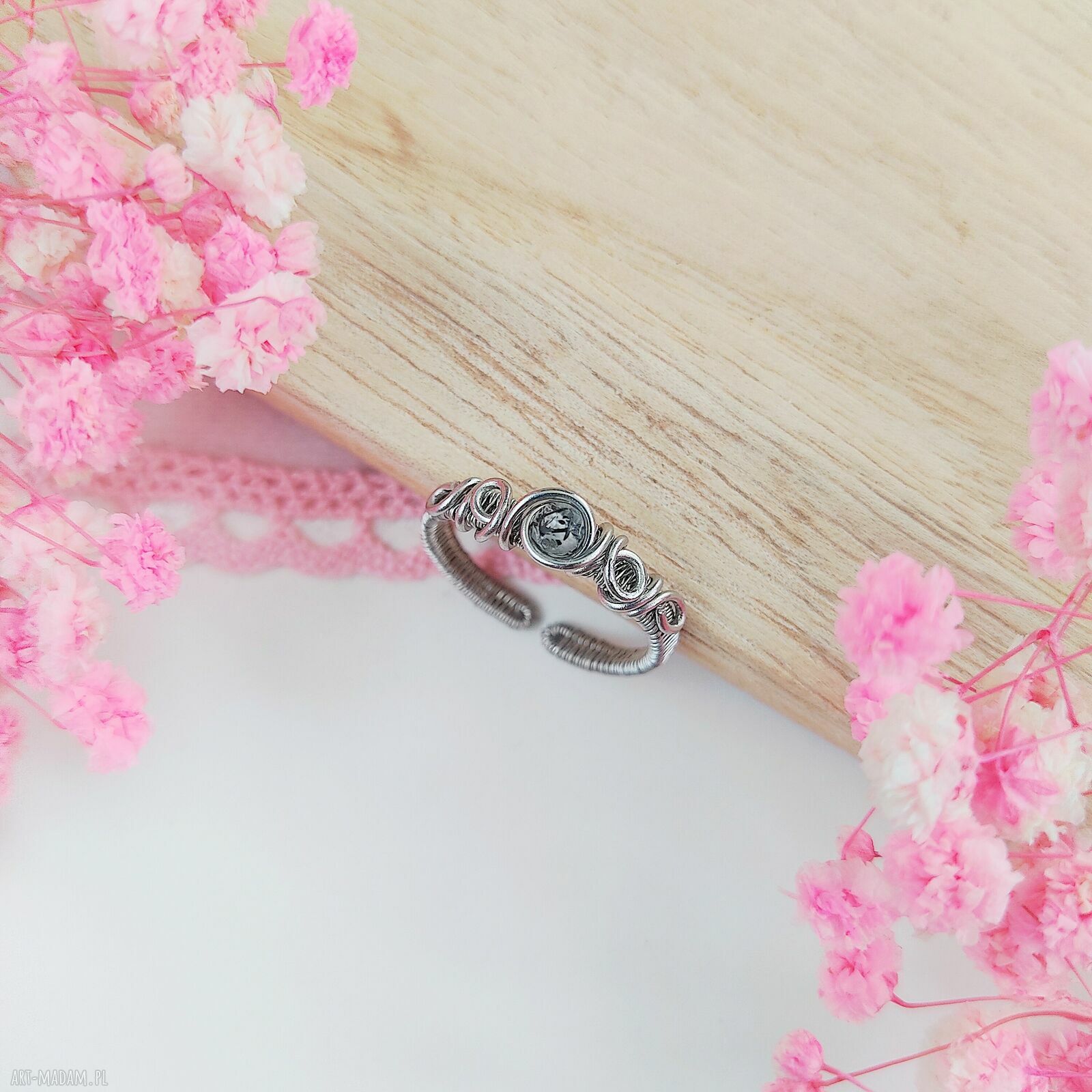Pierścionek Kwarc Turmalinowy regulowany ze stali chirurgicznej - handmade wire wrapping