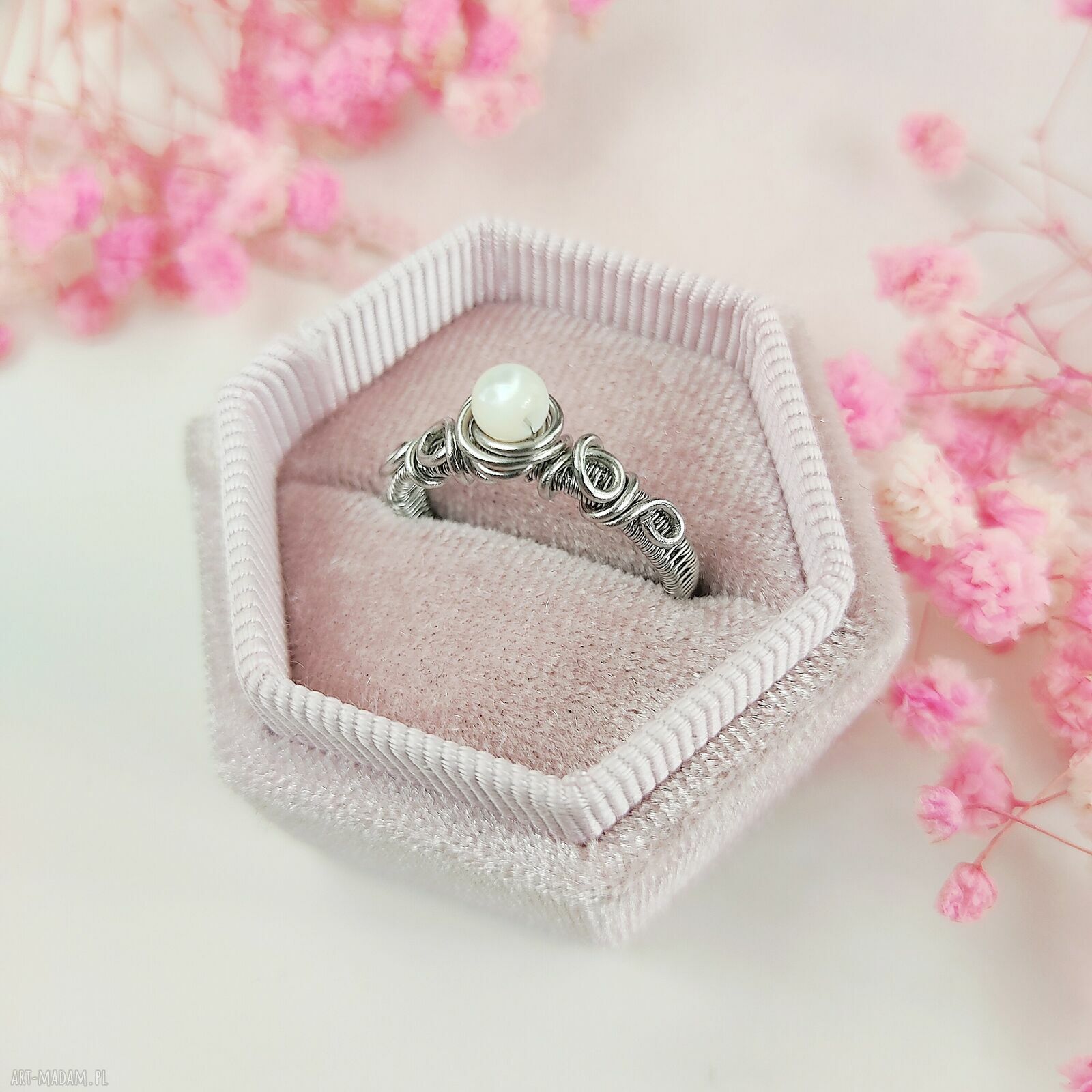 Regulowany pierścionek masa perłowa ze stali chirurgicznej - handmade wire wrapping
