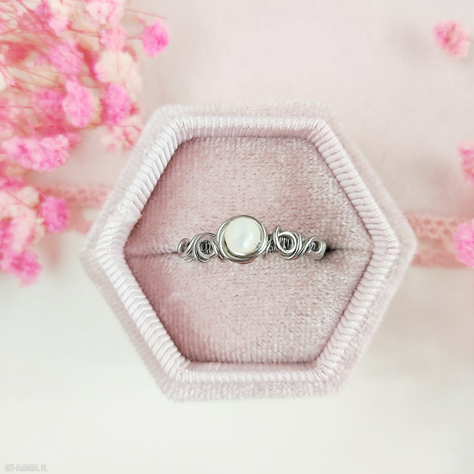 Regulowany pierścionek masa perłowa ze stali chirurgicznej - handmade wire wrapping