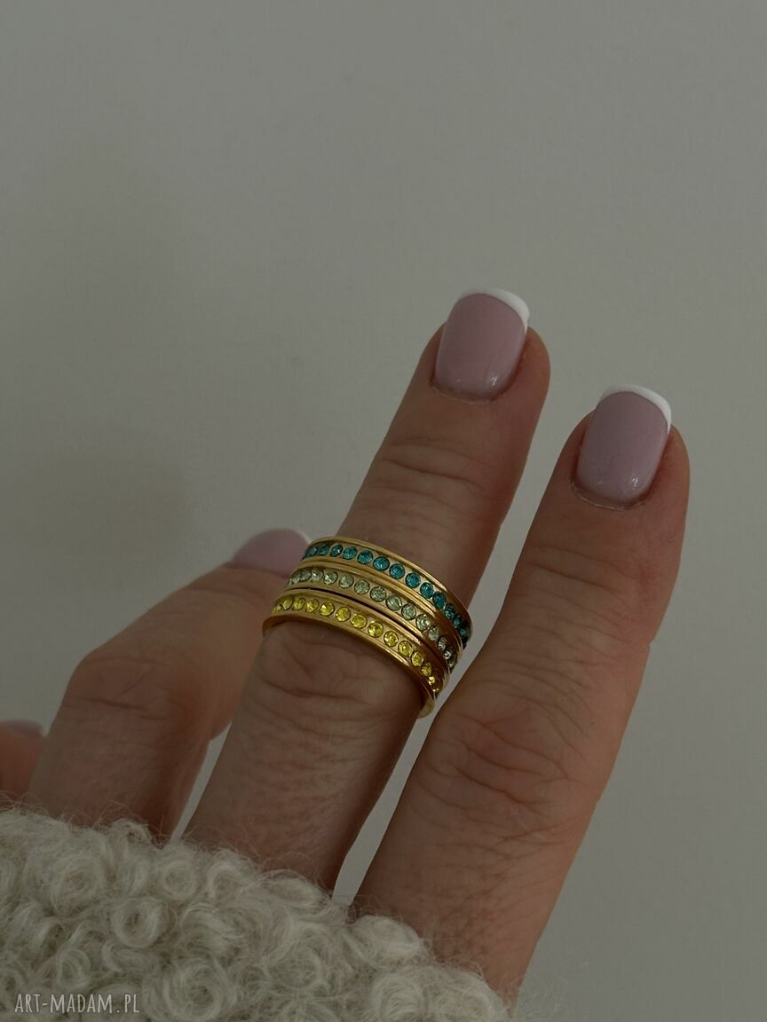 obrączki: Obrączka z różowego złota z turkusowymi kryształami Preciosa r. 16 Ręcznie