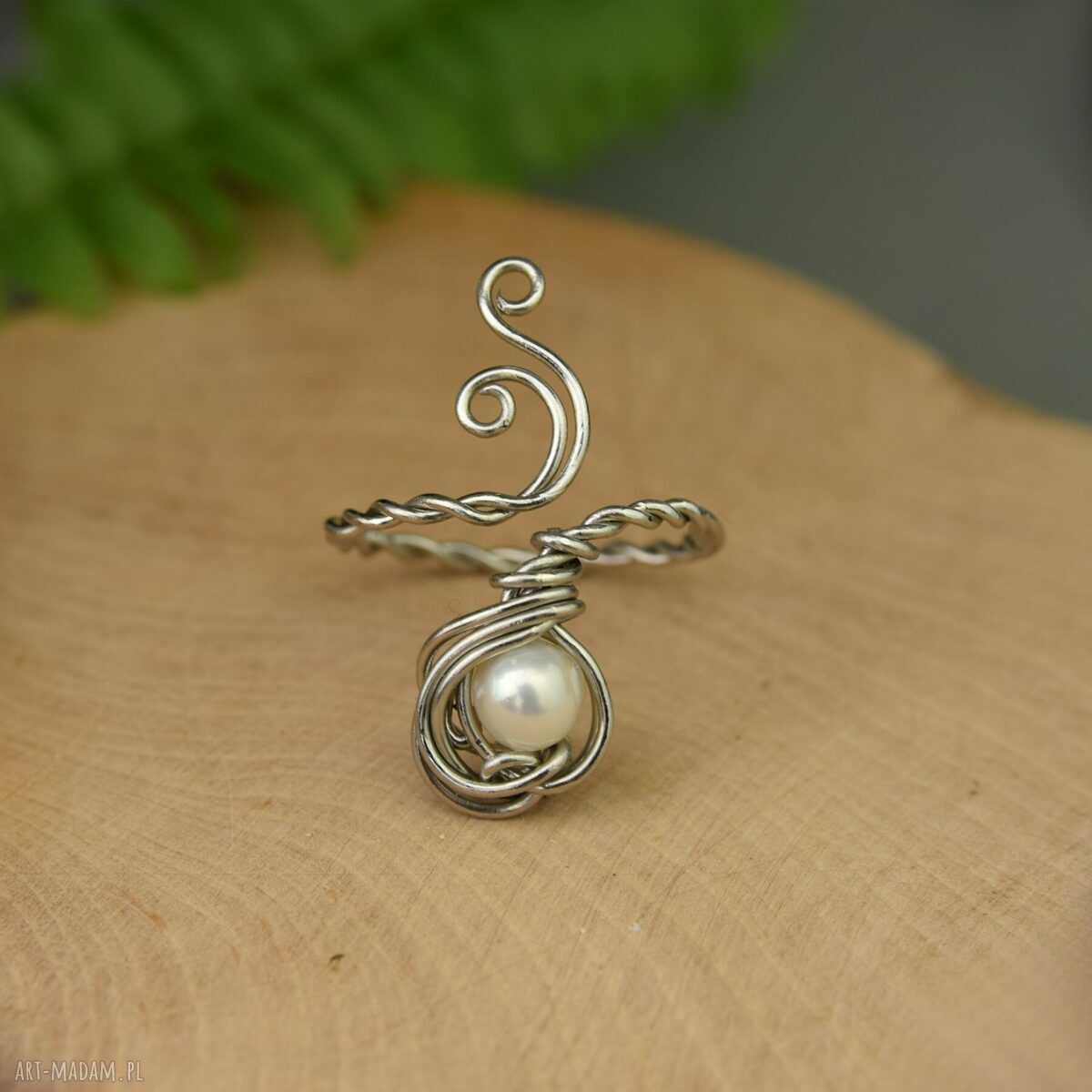 Pierścionek regulowany perła wire wrapping stal chirurgiczna