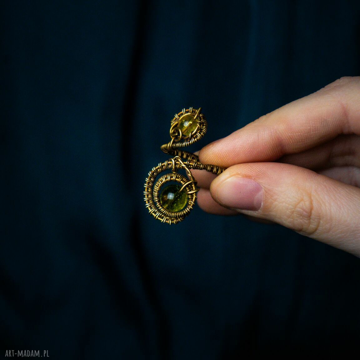 Pierścionek SpRing z oliwinem i cytrynem - regulowany wire wrapping z mosiądzu