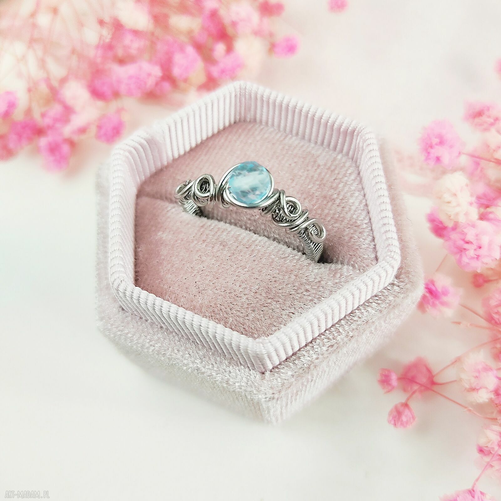 Pierścionek Topaz regulowany ze stali chirurgicznej - handmade wire wrapping