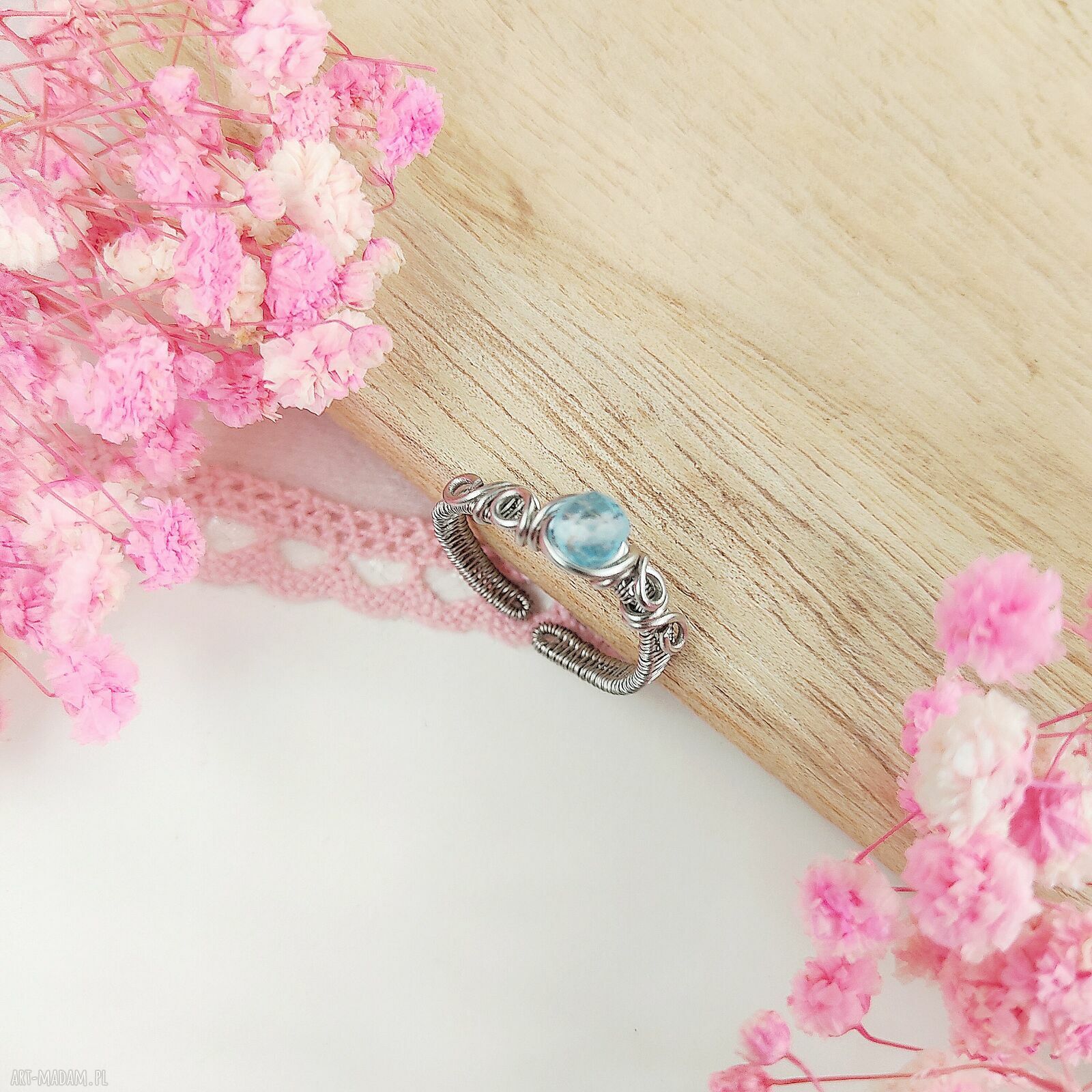 Pierścionek Topaz regulowany ze stali chirurgicznej - handmade wire wrapping