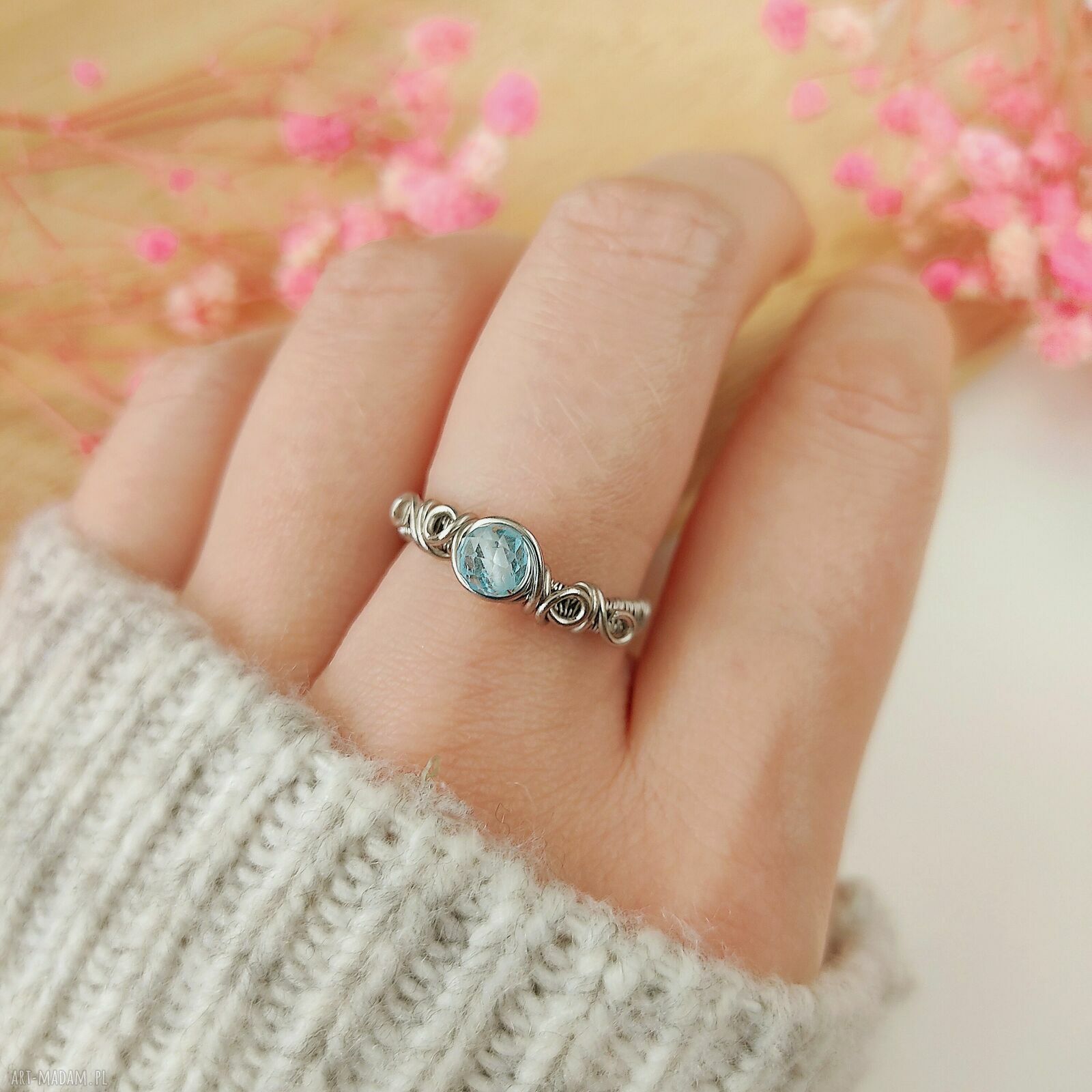 Pierścionek Topaz regulowany ze stali chirurgicznej - handmade wire wrapping
