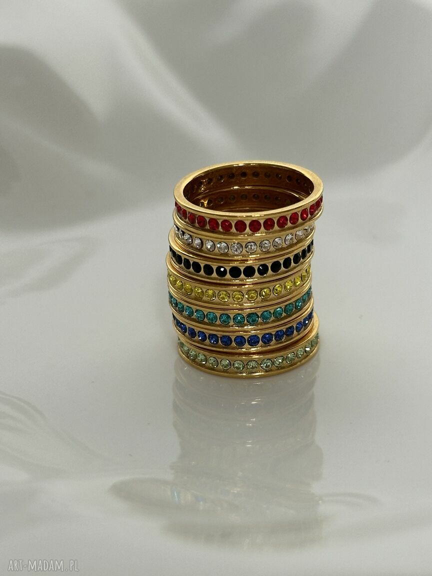 obrączki: Złota obrączka z turkusowymi kryształami Preciosa r. 18 Ręcznie zrobione