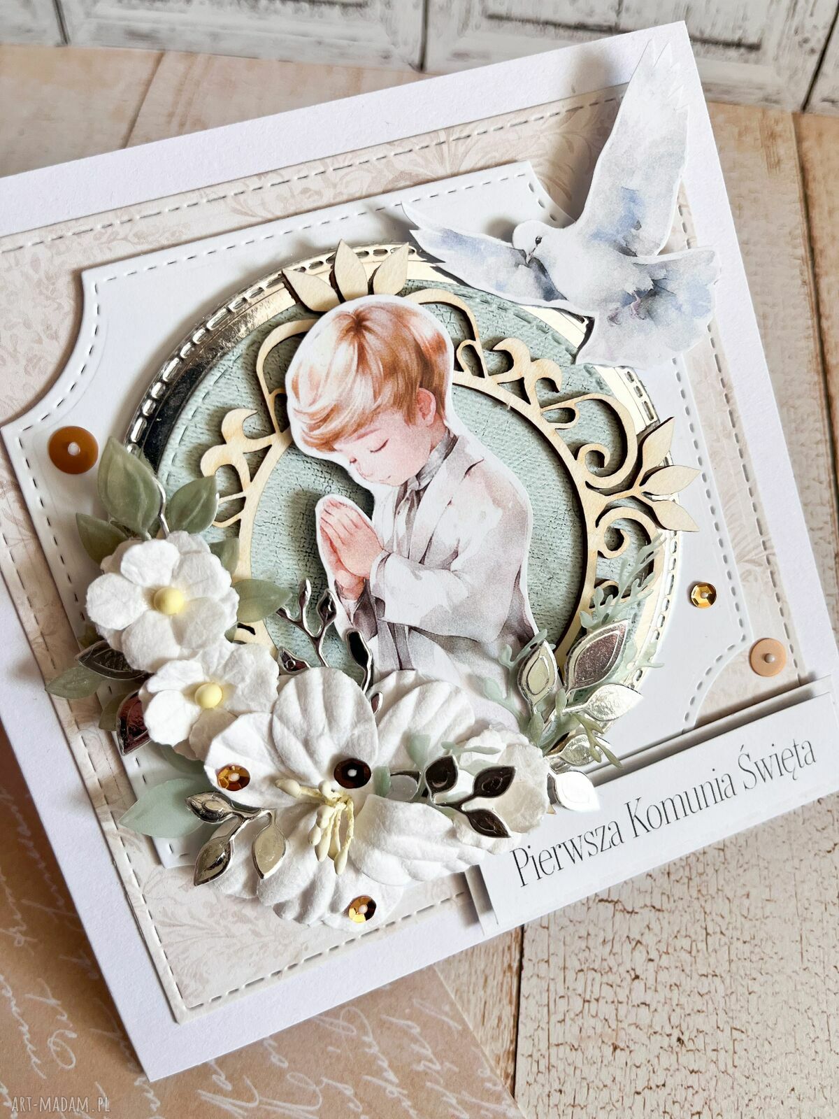 Kartka komunijna na Pierwszą Komunię Świętą dla chłopca w stylu scrapbooking