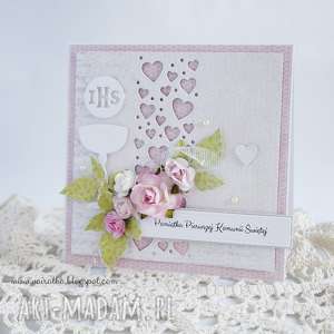 komunijna z sercami - różowe scrapbooking kartki