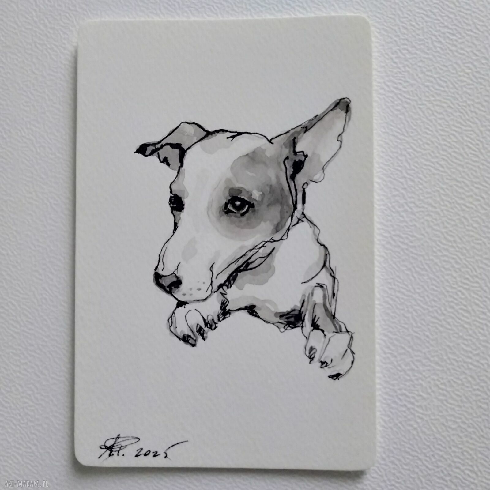 Akwarelowy obraz „Pies” - czarno-szara grafika 10x15 cm