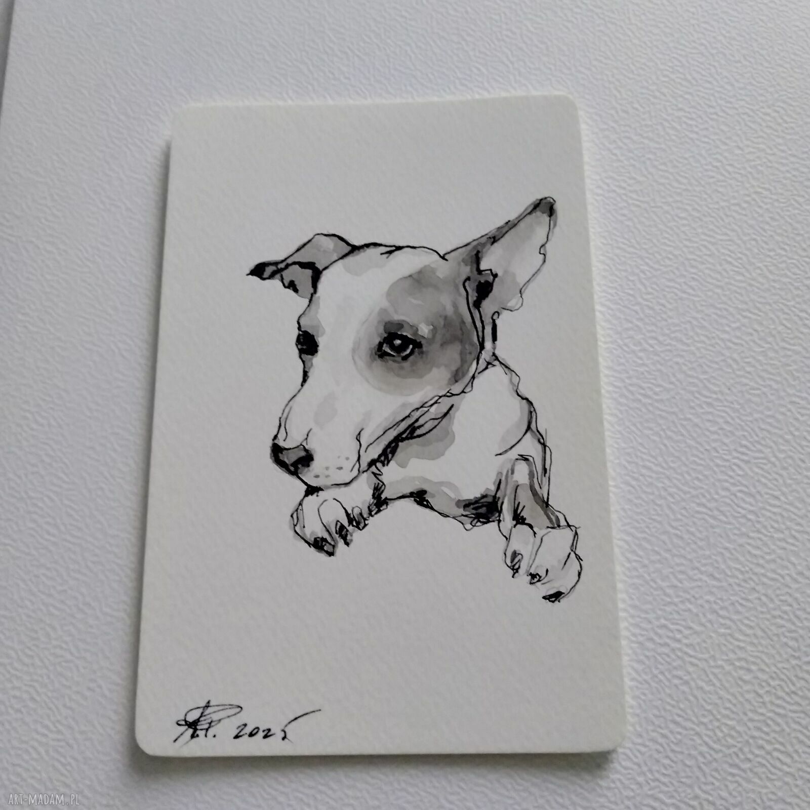 Akwarelowy obraz „Pies” - czarno-szara grafika 10x15 cm