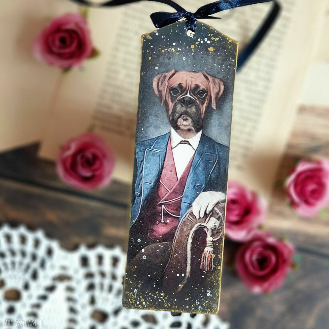 Zakładka decoupage z psem w stylu vintage - ok. 15 x 5 cm
