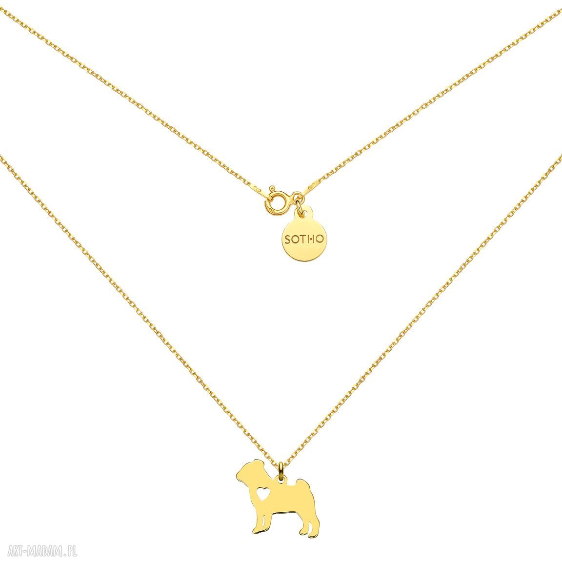 Złoty naszyjnik psem rasy mops pies zwierzak pupil łańcuszkowy