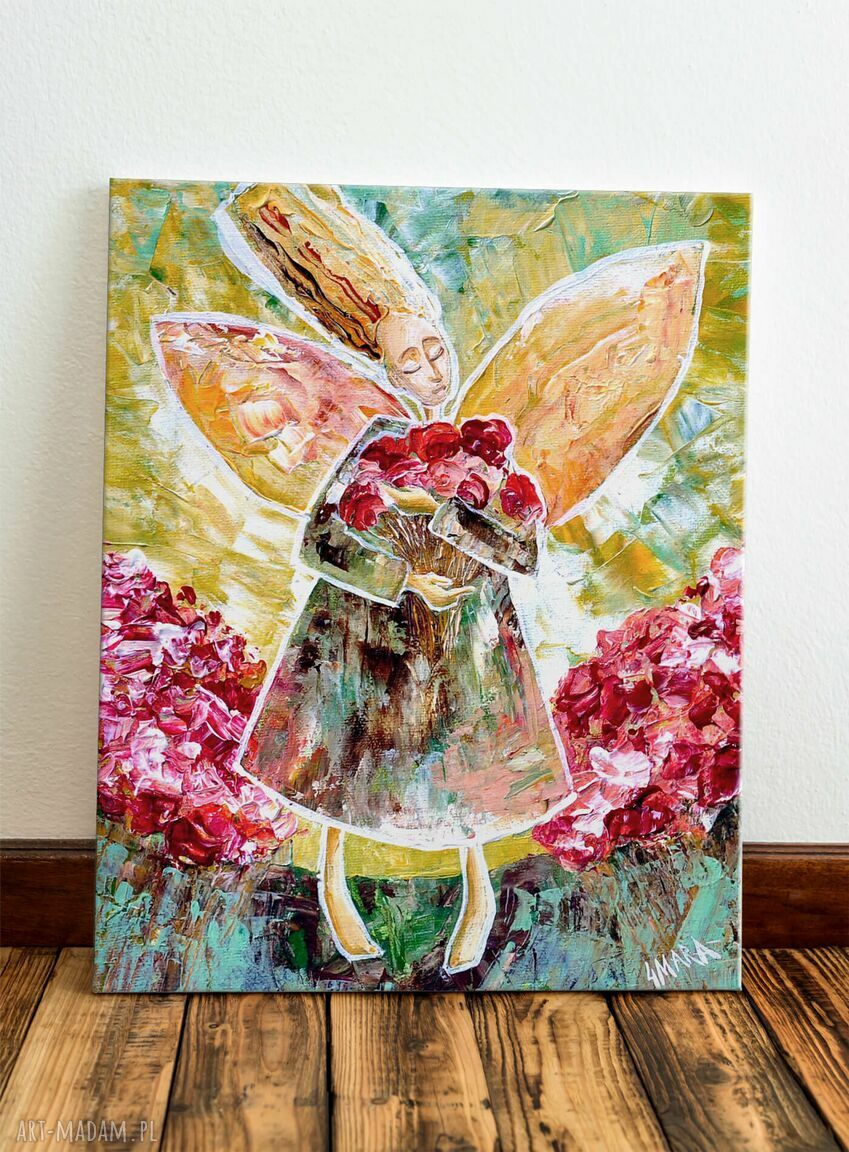 Pieśń w mojej duszy - obraz giclee anioł i kwiaty na płótnie Canvas