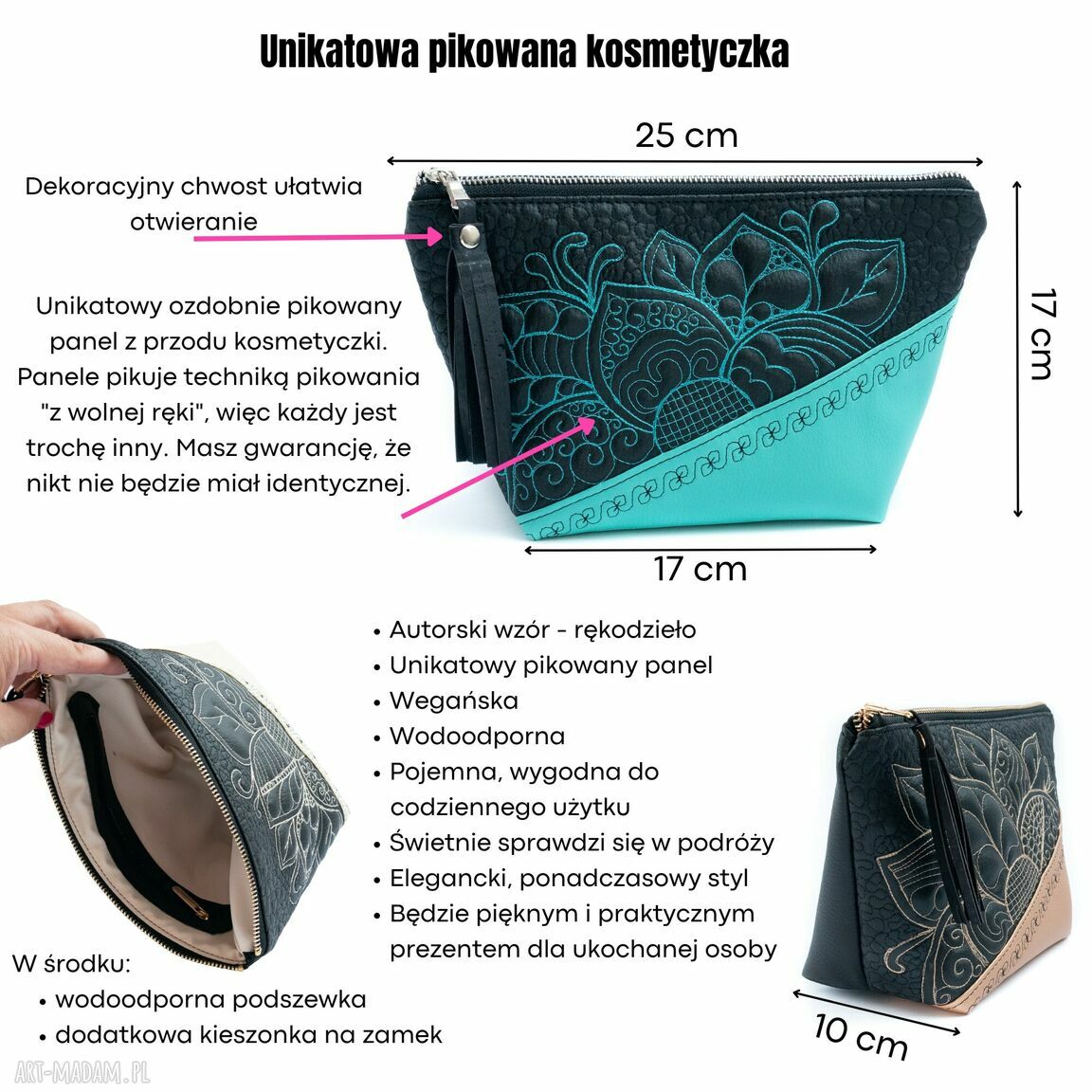 Pikowana czarno-srebrna kosmetyczka z chwostem - wodoodporna i elegancka