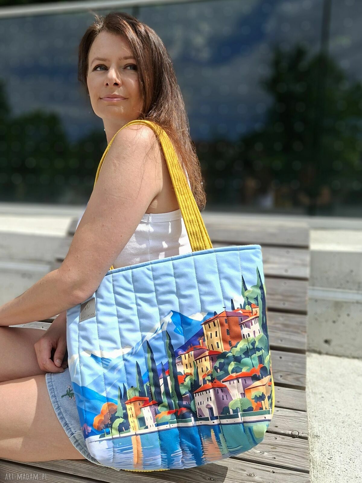 Pikowana duża torba shopper Garda - welurowa na ramię z krajobrazem