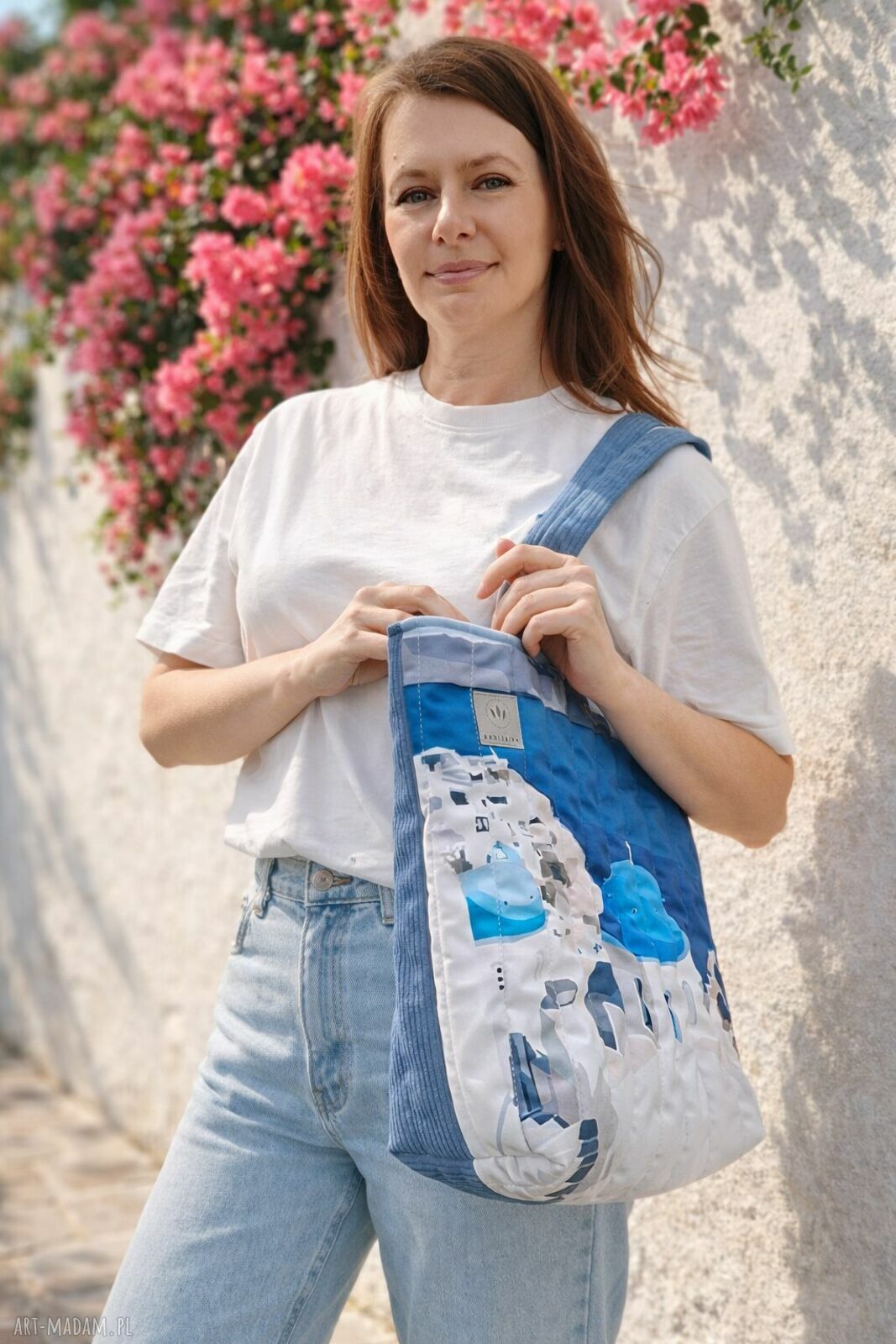 Pikowana duża torba shopper Santorini na ramię z weluru i sztruksu - niebieska, z zamkiem